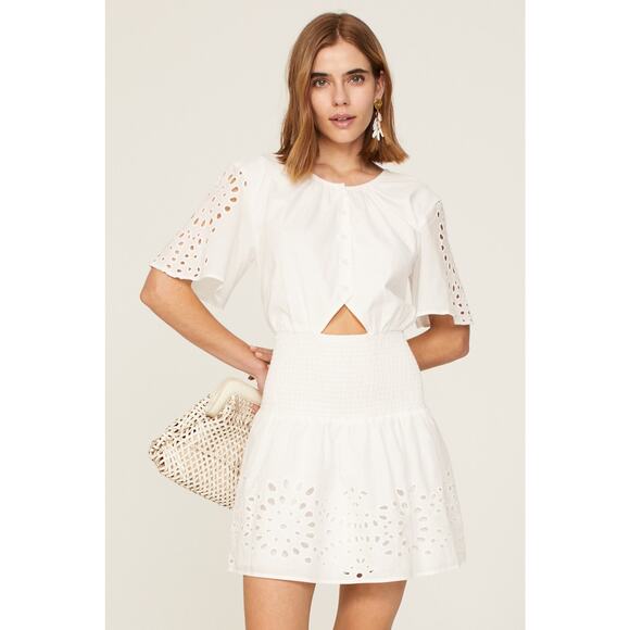 Thakoon White Eyelet Smocked Short Sleeve Cut Out Summer Mini Dress Size 0 - Picture 1 of 15